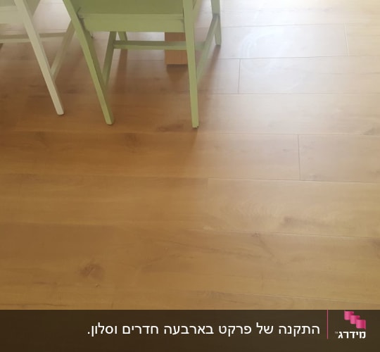 רצפת פרקט עץ בהירה עם כיסאות לבנים וירוקים